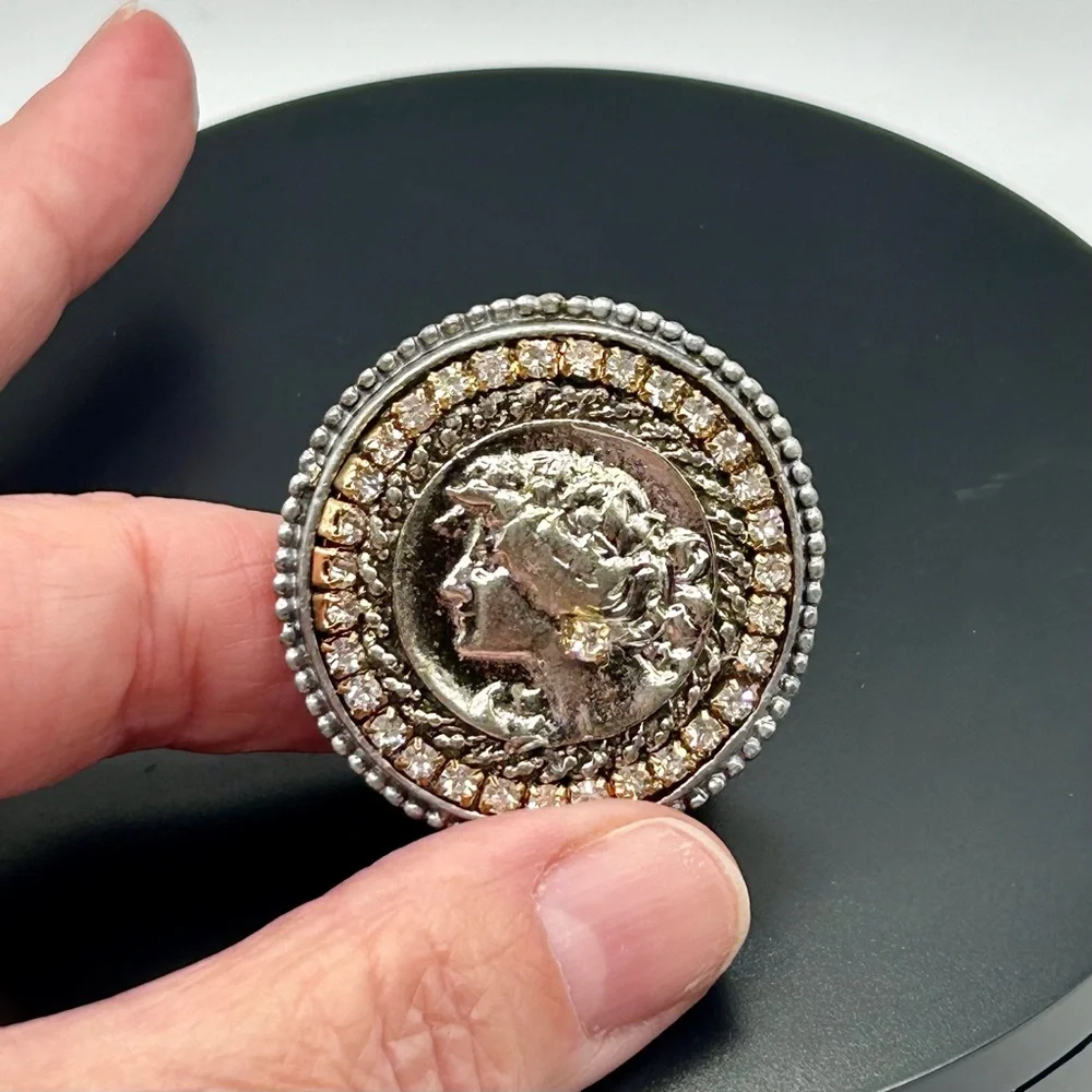 Vintage Silver and Rhinestone Coin Brooch & Scarf Clip